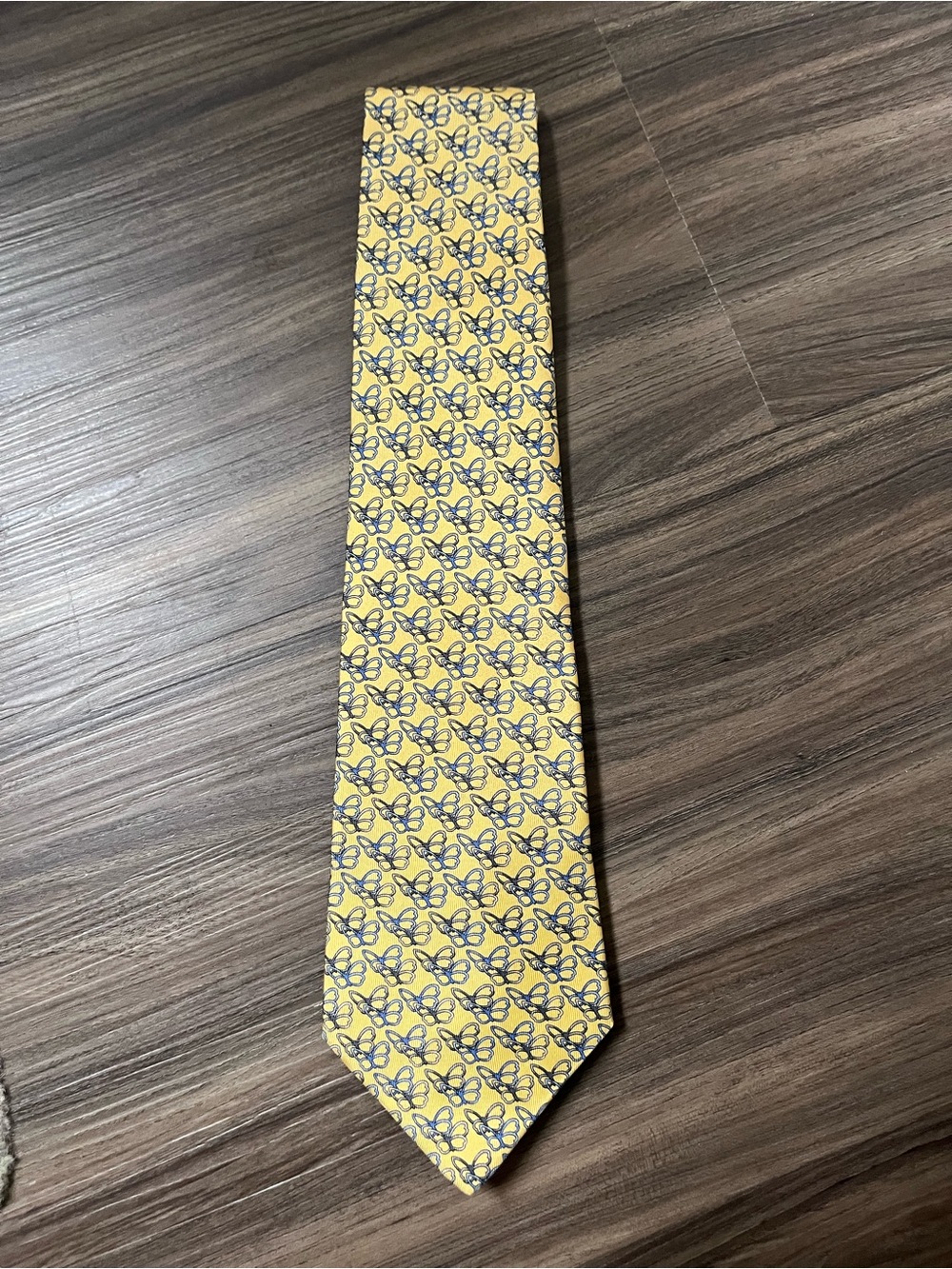 Men's Yellow Patterned Silk Tie - blue butterfly pattern